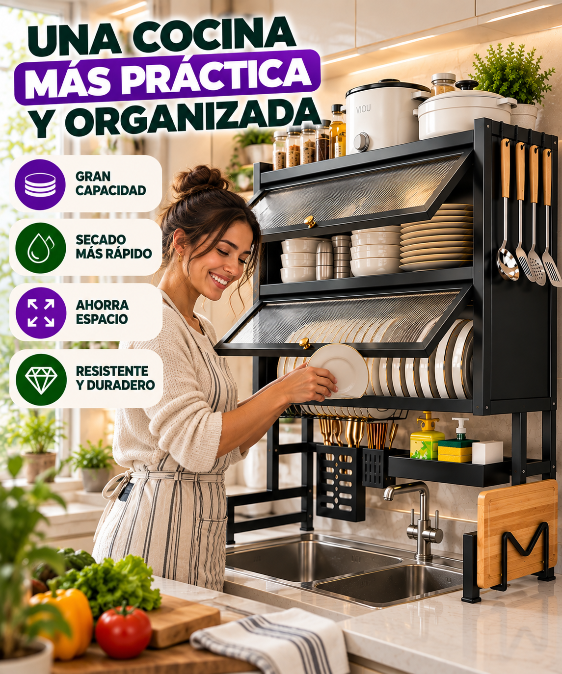 Escurridor de Platos Doble Nivel Grande en Titanio + Envío Gratis