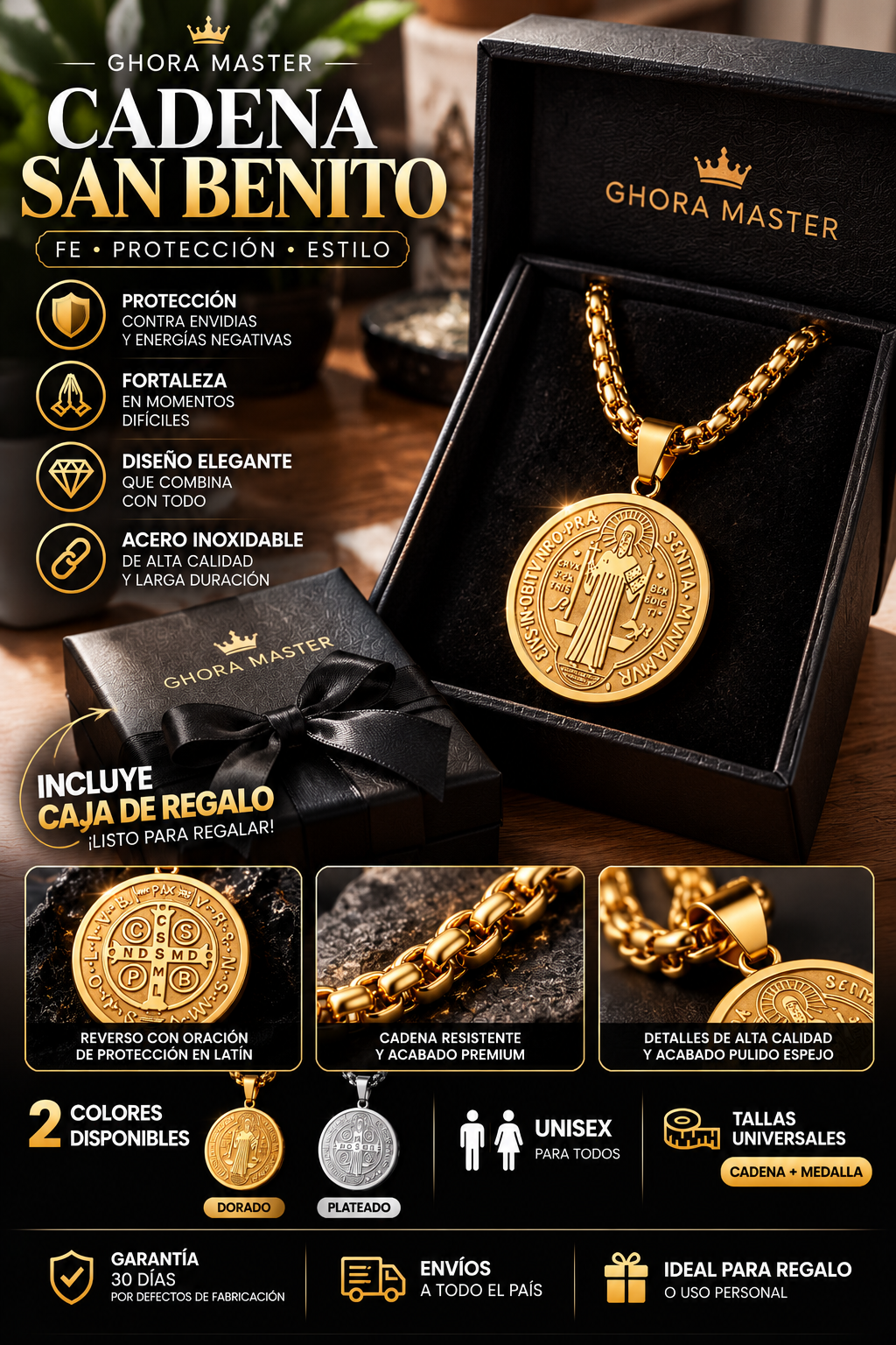 Cadena con Medalla de San Benito Dorada + Caja de Regalo Gratis