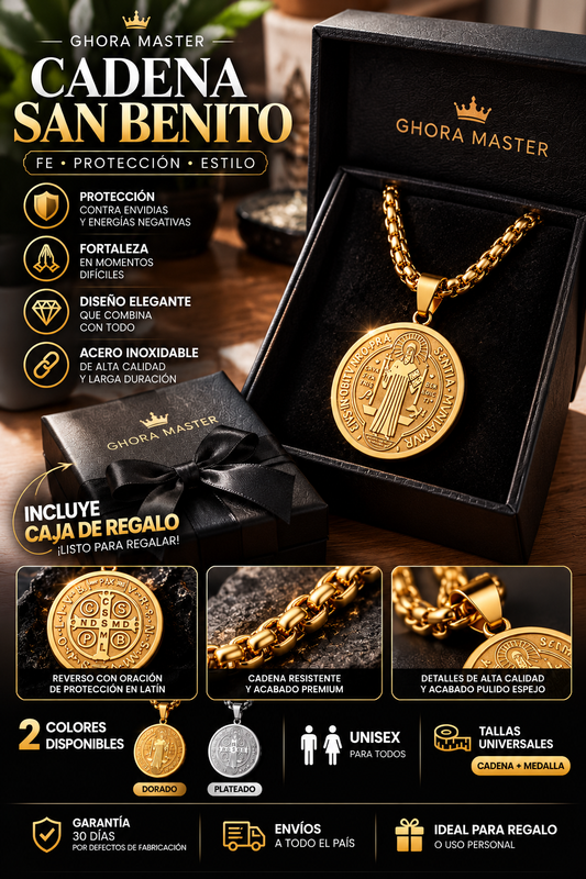 Cadena con Medalla de San Benito Dorada + Caja de Regalo Gratis