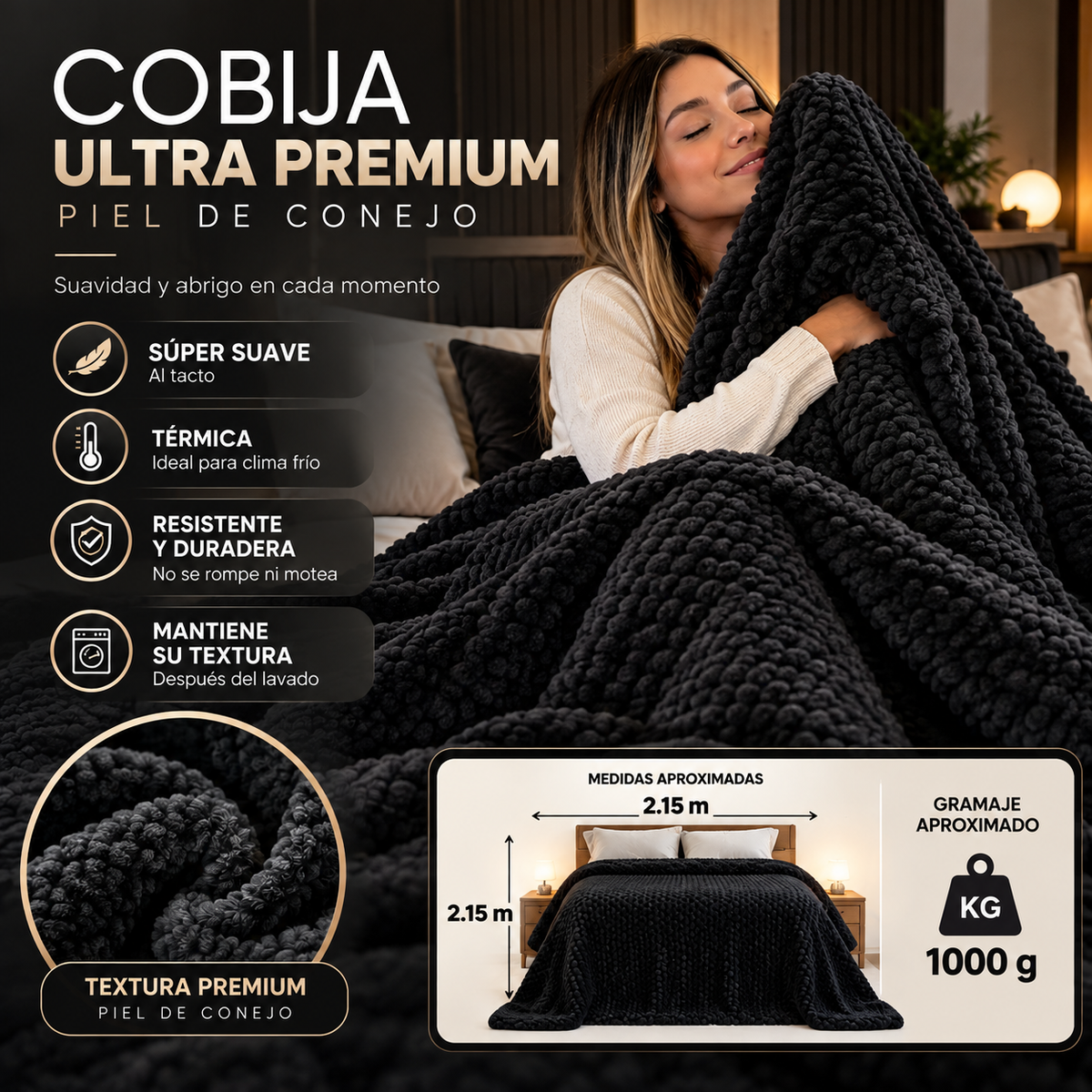 Cobija Ultrasuave Tipo Piel de Conejo 2.15 × 2.15 m + Envío Gratis