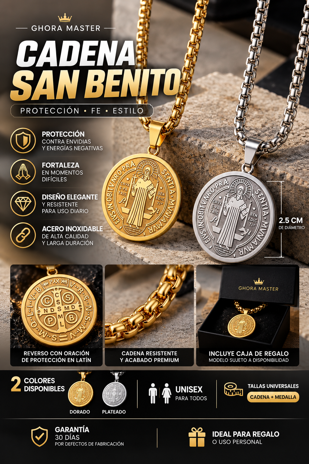 Cadena con Medalla de San Benito Dorada + Caja de Regalo Gratis