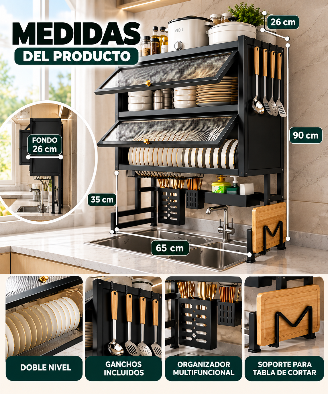 Escurridor de Platos Doble Nivel Grande en Titanio + Envío Gratis