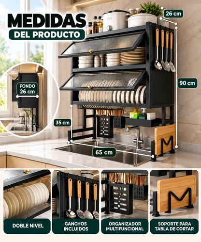 Escurridor de Platos Doble Nivel Grande en Titanio + Envío Gratis