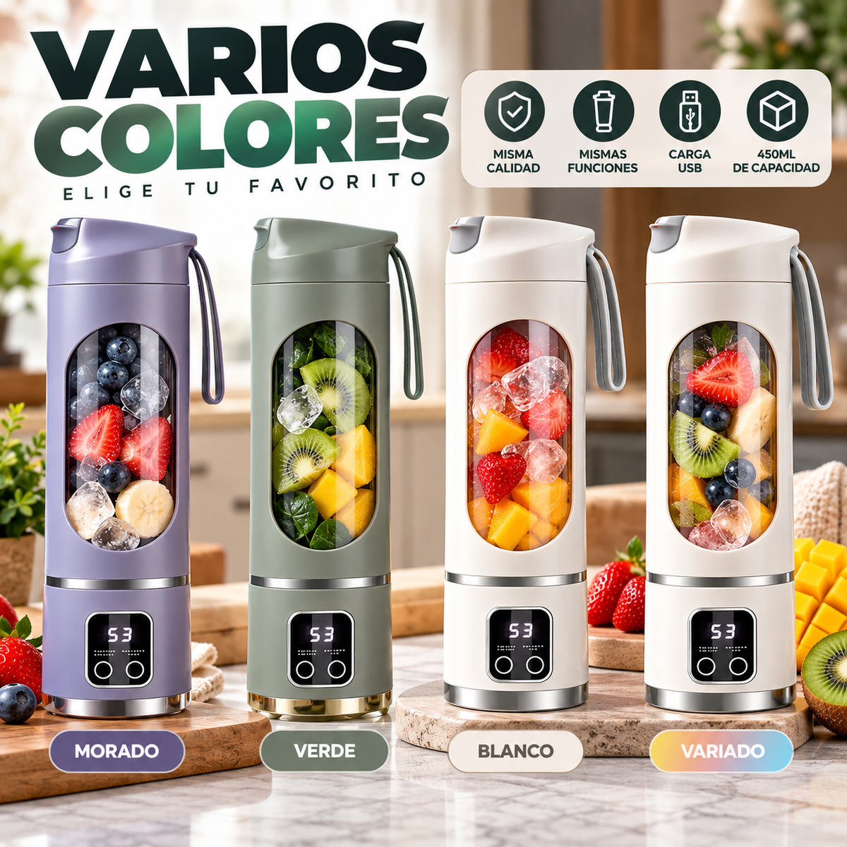 Licuadora Portátil Recargable de 450ml para Batidos + Envío Gratis