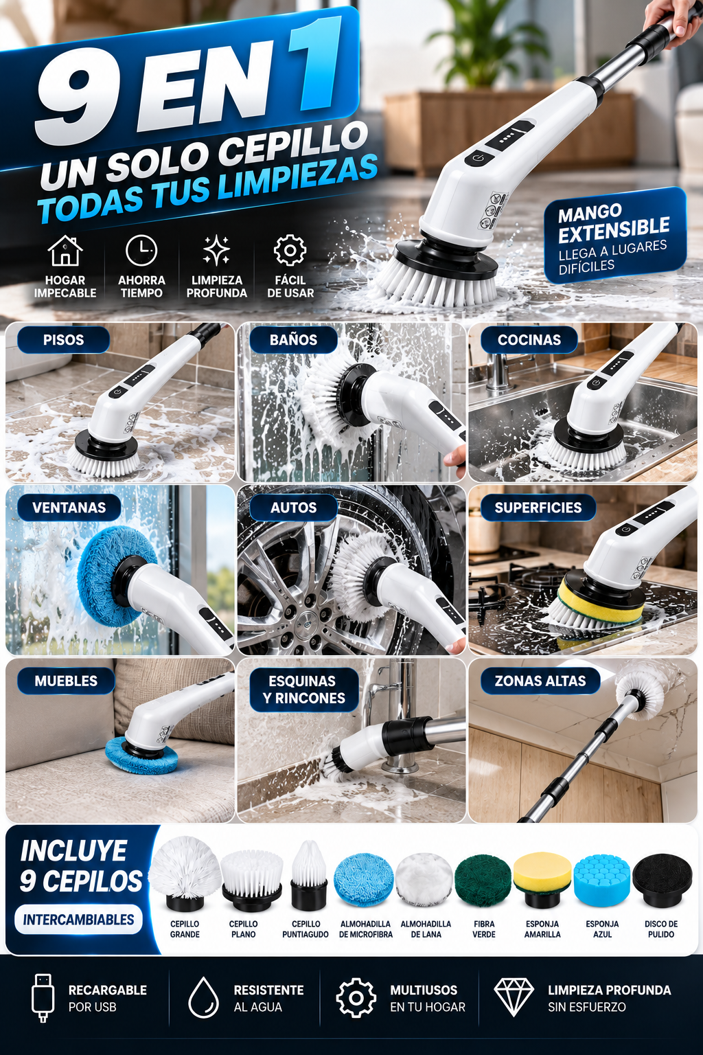 Cepillo Eléctrico de Limpieza 9 en 1 Extensible + Envío Gratis