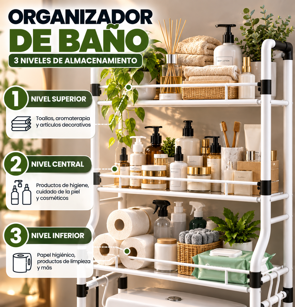 Organizador de Baño 3 Niveles Ahorrador de Espacio + Envío Gratis