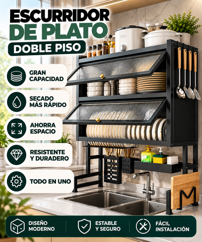 Escurridor de Platos Doble Nivel Grande en Titanio + Envío Gratis