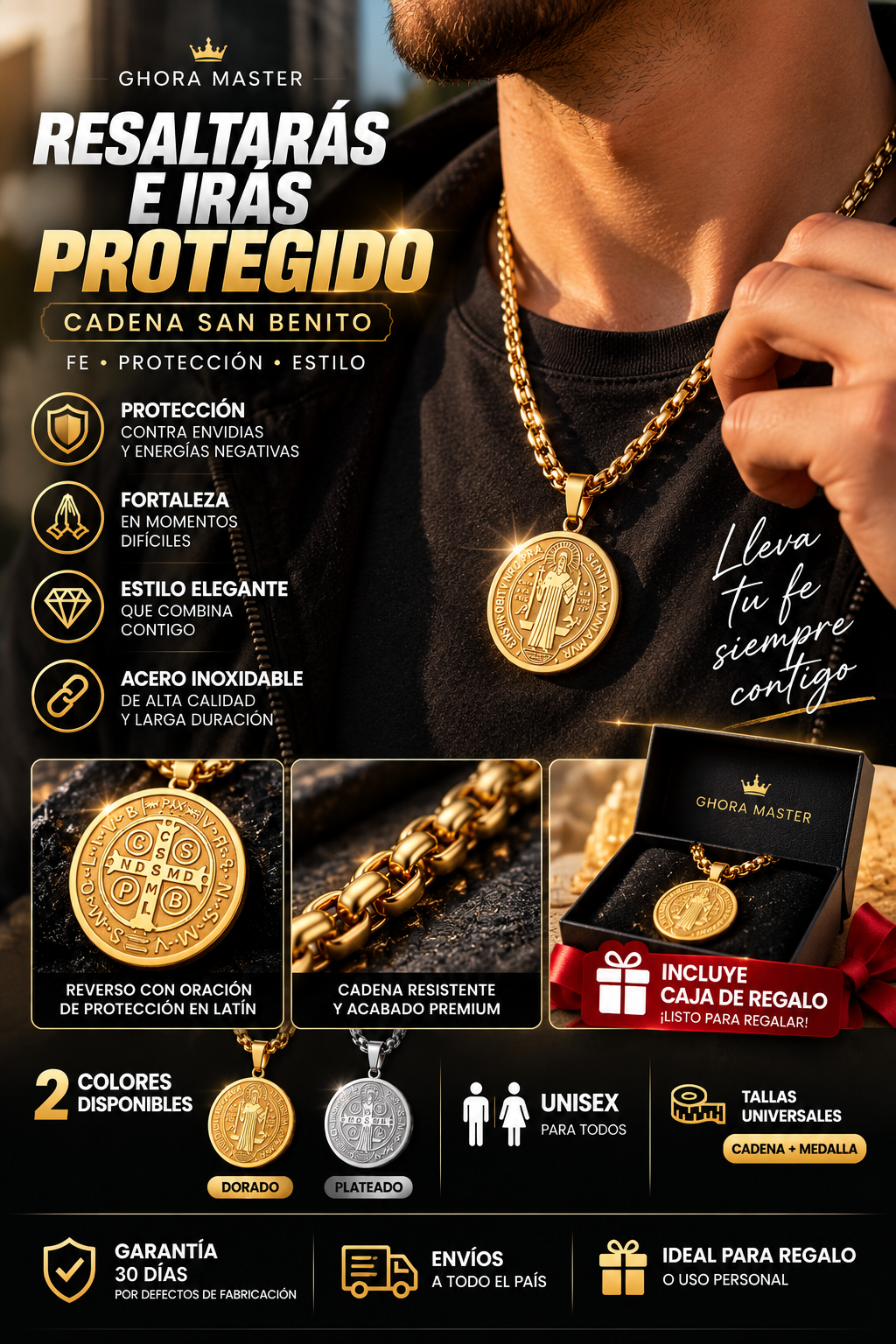 Cadena con Medalla de San Benito Dorada + Caja de Regalo Gratis