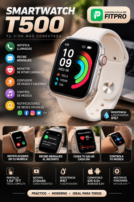 Reloj Inteligente T500 con Notificaciones y Correas Intercambiables + Envío Gratis