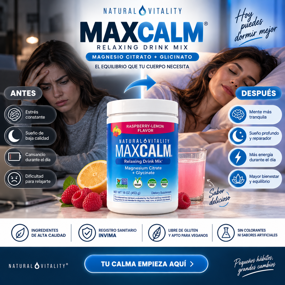 MAXCALM® – Magnesio Citrato + Glicinato: ENVÍO GRATIS