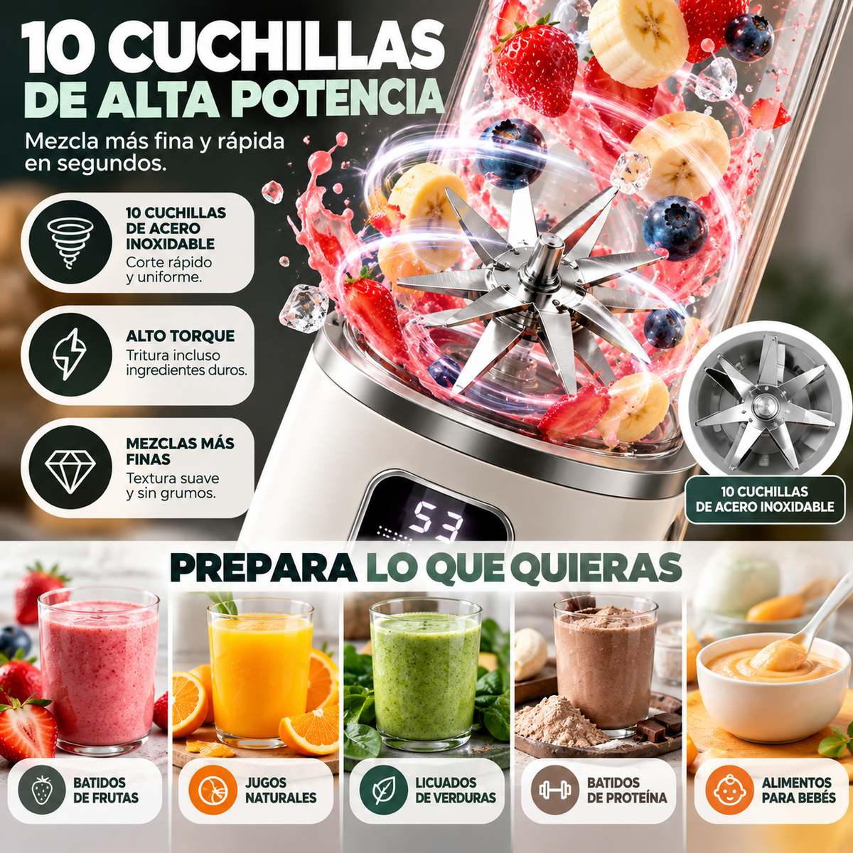 Licuadora Portátil Recargable de 450ml para Batidos + Envío Gratis
